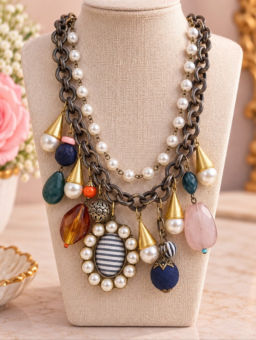 Plunder Statement Charm Necklace – Pearls & Mixed Beads – Adjustable 18–20